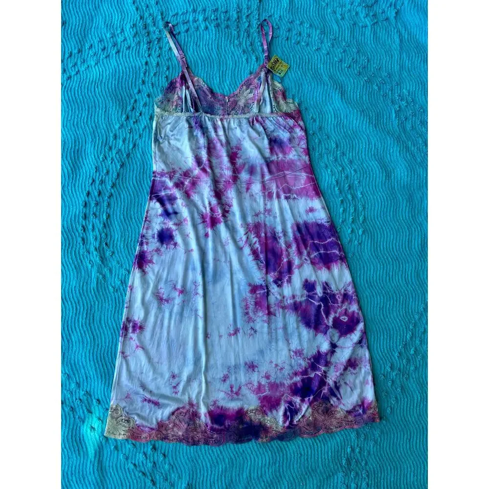 Hand Dyed Vintage Purple Blue Tie Dye Slip Dress Nylon Reworked Dress Loungewear
